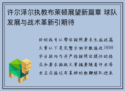 许尔泽尔执教布莱顿展望新篇章 球队发展与战术革新引期待 许尔泽尔执教布莱顿展望新篇章 球队发展与战术革新引期待
